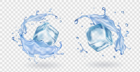 Ice cube and water splashing set on transparent background vectorのイラスト素材