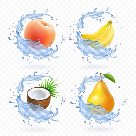 Sweet fruit. Banana, coconut, peach, pear and apricot fresh juice Realistic illustration. 3d vector icons setのイラスト素材