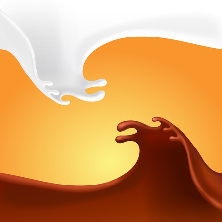 Liquid chocolate and milk flow on orange background, 3d illustrationのイラスト素材