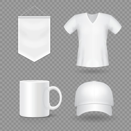 Blank mock-up promotional gifts. Realistic 3d cap, mug, t-shirt and flagのイラスト素材