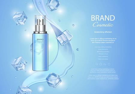 Ice toner ads with ice cubes. Blue spray bottle,のイラスト素材