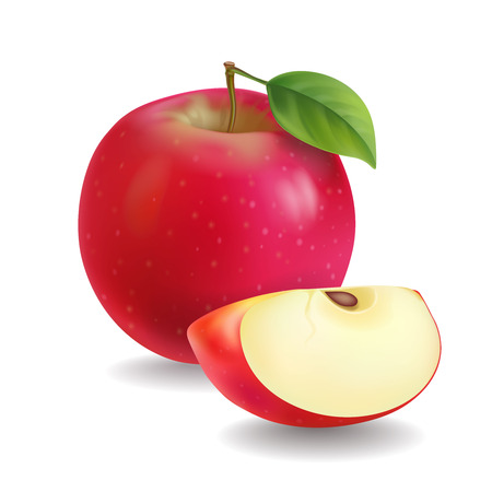 Red apples with green leaves and apple slice vector Illustrationのイラスト素材