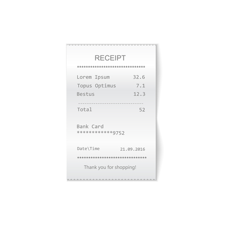 sales printed receipt. Bill atm template, cafe or restaurant paper financial checkの写真素材