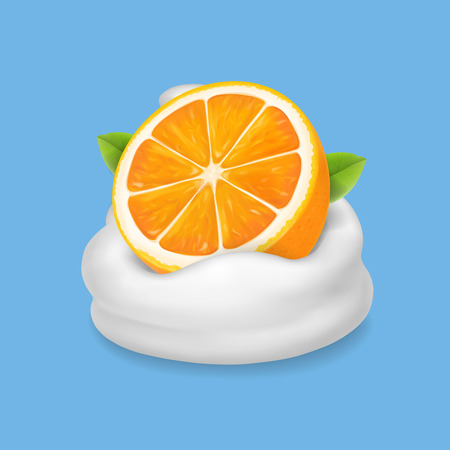 Orange fruit in yogurt icon. Fruit and milk realistic vector illustrationのイラスト素材