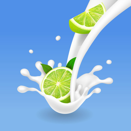 Milk splash with lime. Pouring citrus yogurt realistic.のイラスト素材