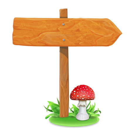 Wood sign board on a grass and mushroom vector illustrationのイラスト素材
