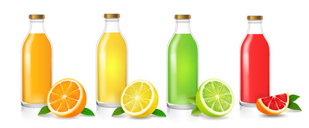 Glass juice bottle with realistic citrus packaging set Vector illustration.のイラスト素材
