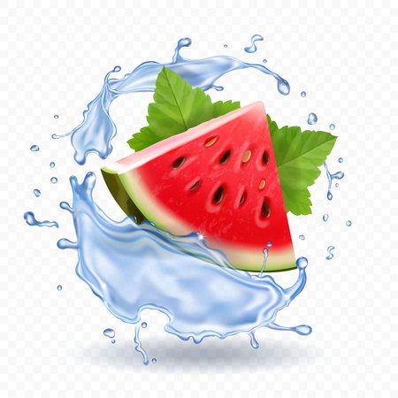 Watermelon in water splash realistic fruit iconのイラスト素材