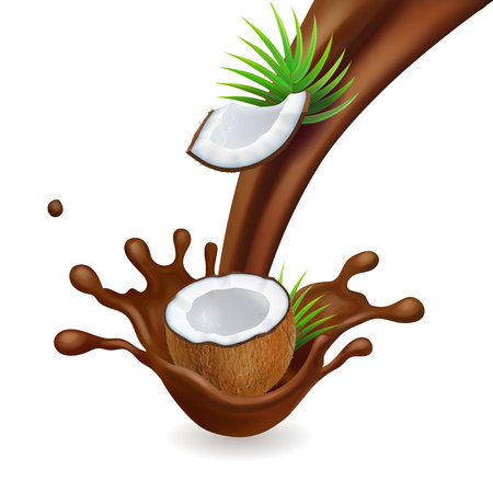 Splashing chocolate and coconut. Nut in chocolate flow realistic design for chocolate productsのイラスト素材