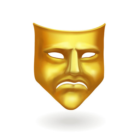 Gold theatrical sad mask. Tragedy icon symbol illustration.のイラスト素材