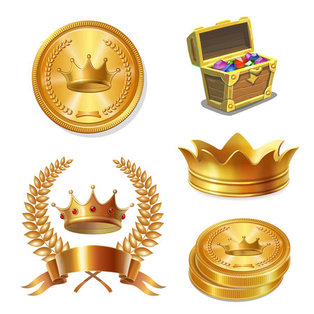 Royal golden crowns, coins and treasure chest setのイラスト素材
