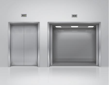 Open and closed big and small metal elevator doors. Realistic 3d vector interior designの写真素材