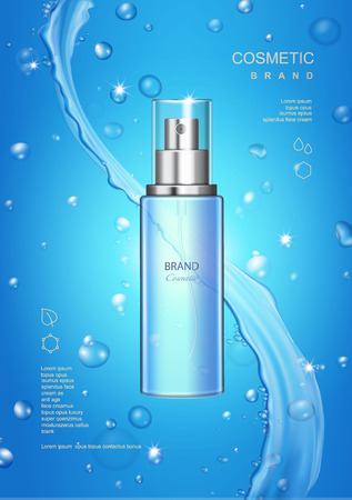 Moisturaizing spray bottle cosmetic on blue background, ice tonic on shinig wave water splashのイラスト素材
