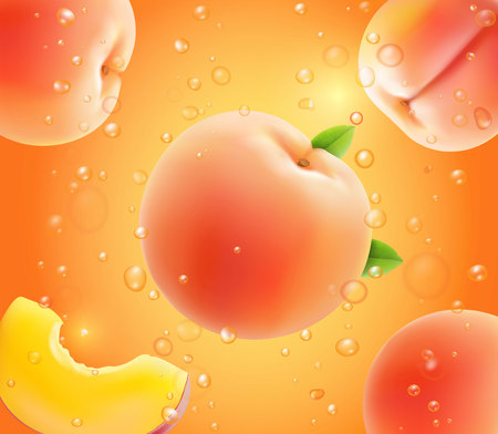 Peach falling in juice. Realistic advertising illustration.のイラスト素材