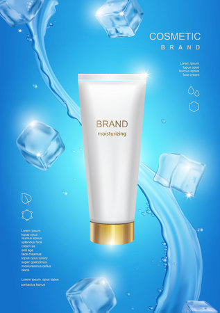 Realistic cosmetic tube Blue background with water drops and ice cubes Cosmetic mockup design. Vector illustrationのイラスト素材