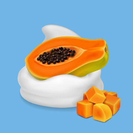 Papaya in yogurt or whipped cream. Tropical fruit cubes realistic vector illustrationのイラスト素材