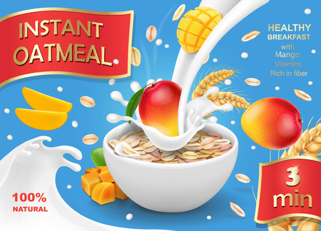 Oatmeal advertising with mango and milk splashing realistic. Oats instant flakes muesli illustrationのイラスト素材