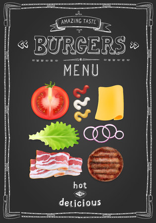 Cafe burgers menu, food restaurant template design on a blackboard.のイラスト素材