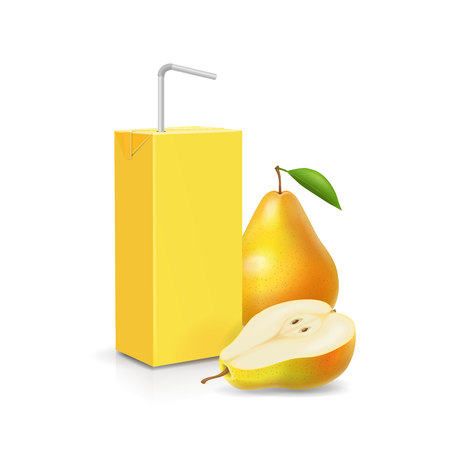 Pack of pear juice with drinking straw icon realistic 3d vector illustrationのイラスト素材