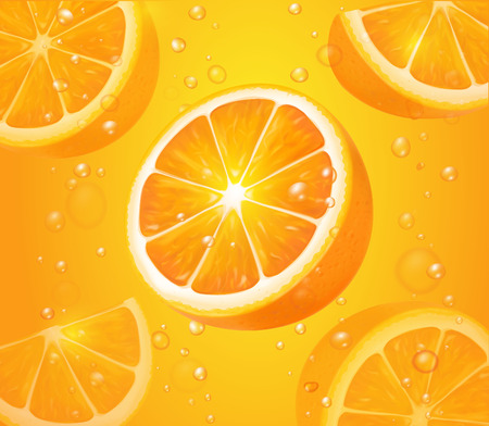 Refreshing orange background, realistic orange fruits with drops and bubbles illustrationのイラスト素材