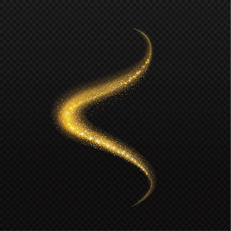 Glowing shiny golden spiral trail glittering sparkling element on black background. Vectorのイラスト素材