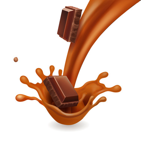 Chocolate pieces in liquid caramel splash realistic illustrationのイラスト素材
