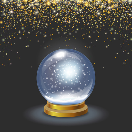 Christmas snow globe on black background falling gold glittering confetti Vector 3d illustrationのイラスト素材