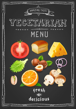 Vegetarian menu on chalkboard. Vintage drawn menu with vegetables and fruits. . Orange, nuts, cheese, mushrooms salad and tomato, vector designのイラスト素材