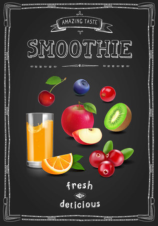 Juice and smoothie restaurant menu. Fresh fruit drink dessert restaurant bar and cafe brochure on a chalkboardのイラスト素材