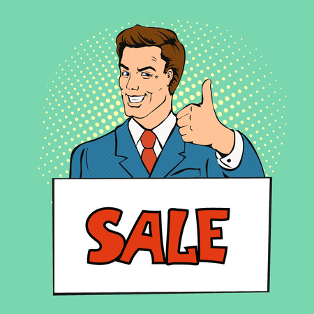 Happy Businessman Man Shows Thumb Up Hold Sale Banner Vector