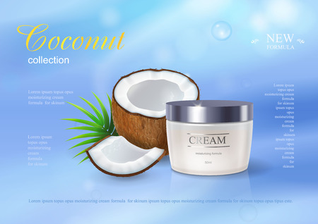 Coconut cream advertising. Premium ads skincream with coconut oil design cosmetics product for catalog, magazine.のイラスト素材