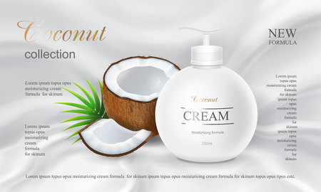 Coconut body lotion advertising design cosmetics product in round bottle with spray head Vector illustrationのイラスト素材