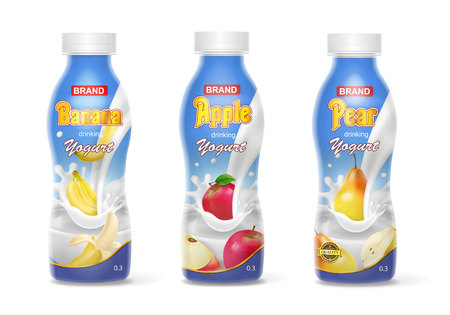 Yogurt bottles set with fruits banana, apple, pear.のイラスト素材