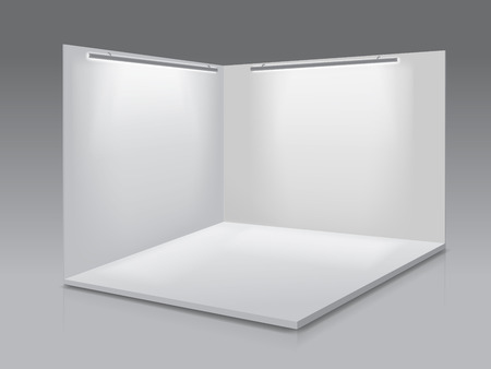 Blank display exhibition stand. White empty panels, Podium for presentations on the gray background 3d.のイラスト素材