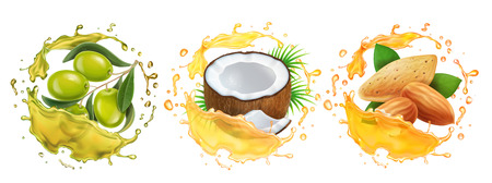Oils set. Coconut, olive, almond oil splashes realistic collection.のイラスト素材