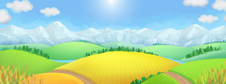 Mountain landscape with green valley, meadows and riverのイラスト素材