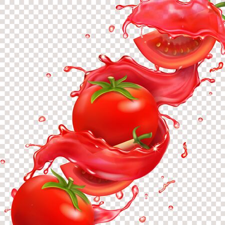 Red tomato fruit in tomato juice splash realisticの写真素材