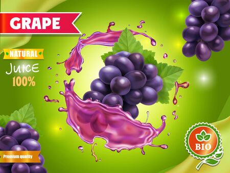 Red grape in realistic juice splash on green bokeh  advertisingのイラスト素材