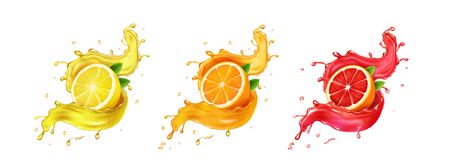 Set fresh grapefruit, lemon, orange juice splashes. Realistic citrus splashing drink Vectorの写真素材
