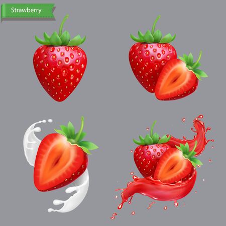 Whole and slice strawberry set, strawberry juiceのイラスト素材