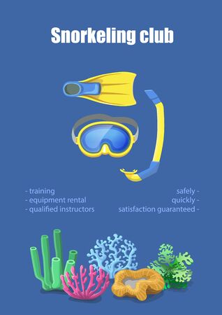 Diving Mask, Snorkel, Flippers on snorkeling poster banner advertisingのイラスト素材