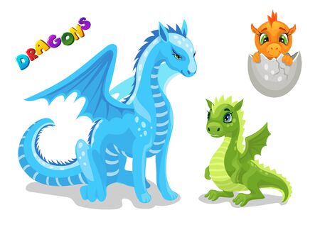 Set of cute dragon character, funny dragon baby, young and adult mother, cartoon vector illustration Cartoon medieval monsters collection.のイラスト素材
