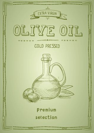 Olive oil label packaging design. Hand drawn illustration of oil bottle and olives on green backgroundのイラスト素材