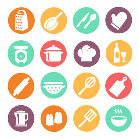Cooking icon set. Kitchen tools, kitchenware equipment food preparation elements modern flat collection. Kitchen utensils and cookware icons.の写真素材