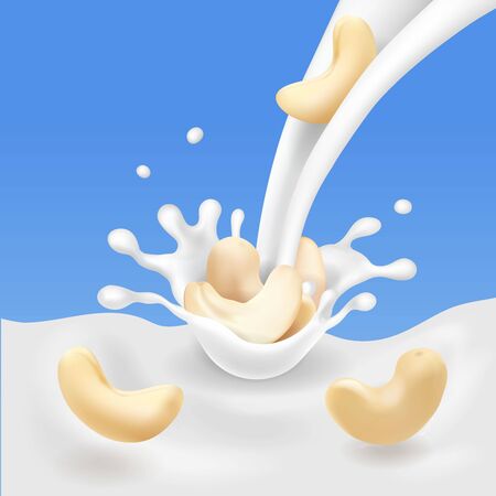 Cashew nuts in pouring yogurt or milk flow realisticの写真素材