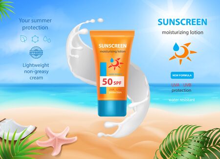 Sun protection sunscreen Tube in sunblock cream splash. UV protection milkのイラスト素材