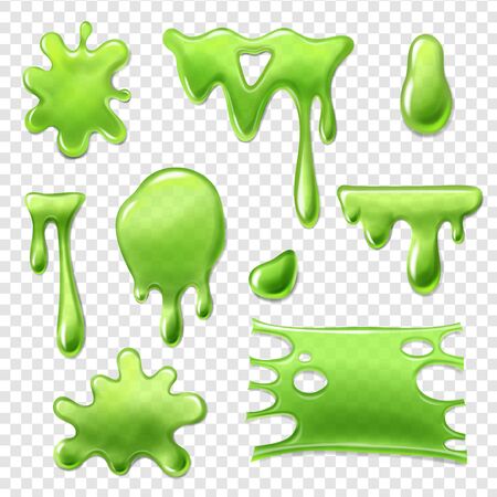 Green slime vector set. Blots, splashes and drips of green liquid. Realistic vector illistration.のイラスト素材