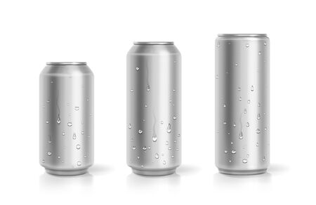 Realistic metallic cans with water condensation, Aluminum bear soda and lemonade cans with water drops vector setのイラスト素材
