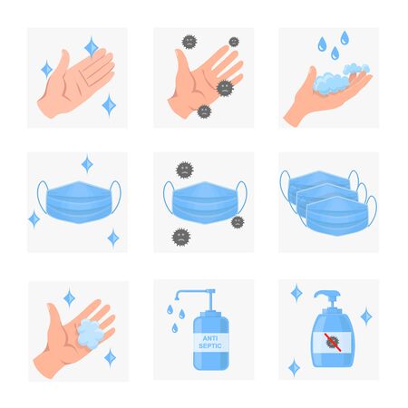Surgical mask, hands, Bottle antiseptic icons. Hands face disinfection. Clean dirty surgical mask with virus.の写真素材