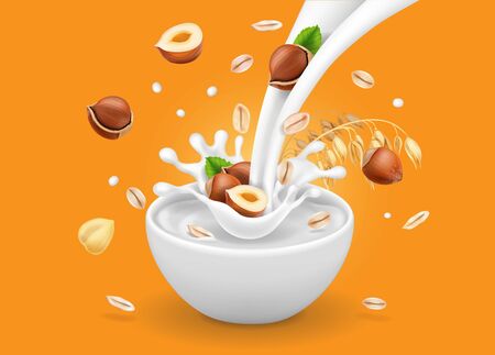 Instant oatmeal hazelnut. Milk flowing into a bowl 3d illustrationの写真素材